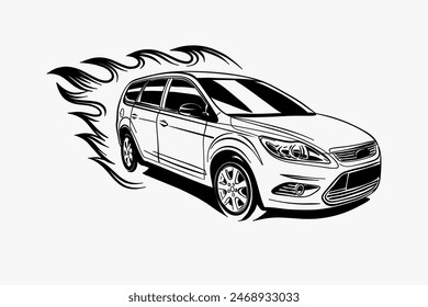 Imagen de Vector de contorno de coche dibujado a mano. Arte del vehículo. Llama detrás.