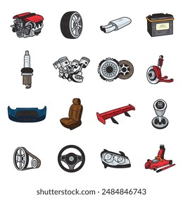 Hand Drawn Car Part Illustration Colored Set