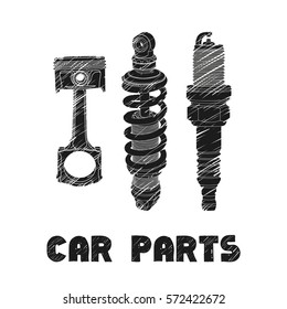 Hand drawn car parts on white background