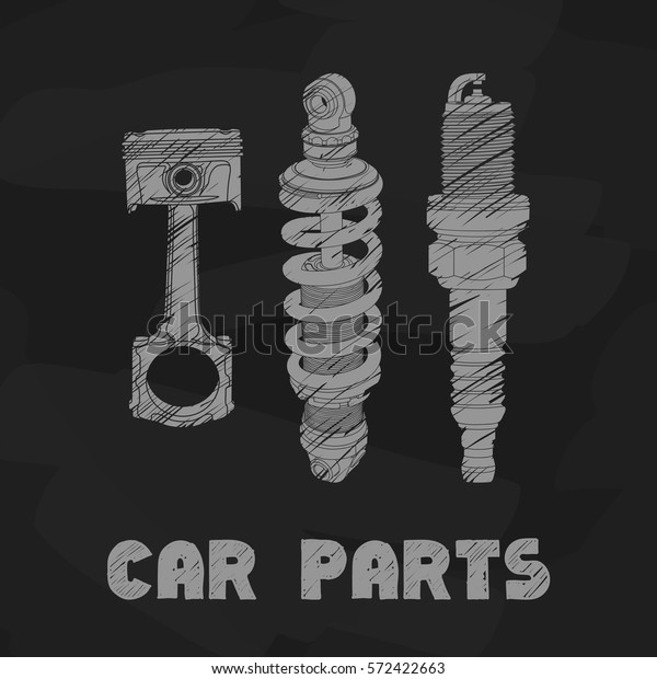 Hand drawn car parts\
on black background