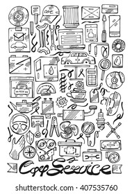 Hand drawn car service line icons vector set.Design concepts for car service, Car repairs, tire service, car diagnostics. Concepts for web banners and promotional materials.