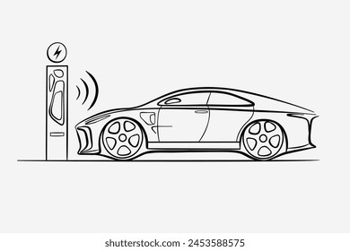 Hand drawn car with zero emissions, electric, ecology. Clipart vector graphic.