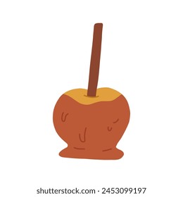 Hand drawn caramel apple, cartoon flat vector illustration isolated on white background. Halloween trick or treat element. Apple dipped in caramel.