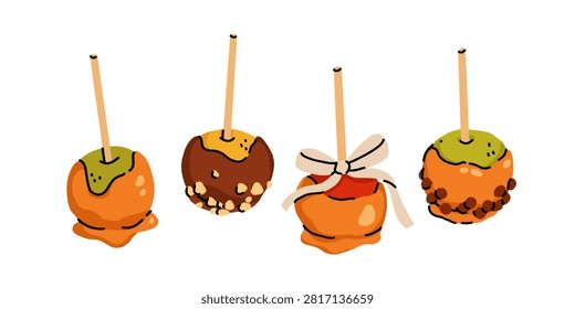 Hand drawn caramel apple set: caramel apple, chocolate nut crumb, ribbon tied caramel apple, and chocolate drizzle on sticks in orange, brown, and cream colors.