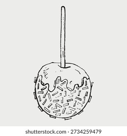 Hand drawn caramelized apple on stick with smooth caramel glaze, dripping, and sprinkled coatings. Candy apple design. Vector sketch illustration in vintage crayon charcoal style