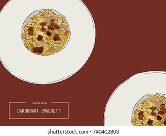 Hand drawn carbonara spaghetti vector illustrations. Design template - Pasta. Italian food. Design elements in sketch style. Perfect for menu, delivery, blogs, restaurant banners, prints etc