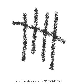 Hand drawn carcoal tally mark. Four sticks crossed out by slash line. Day counting symbol on prison wall. Unary numeral system sign isolated on white background. Vector realustic illustration