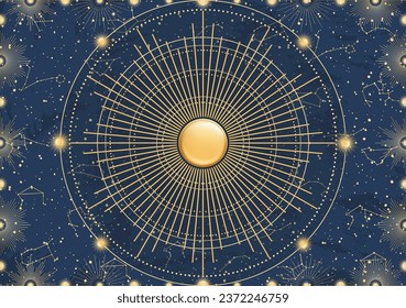 Hand drawn card of 3d golden Sun, sunburst, light rays, stars. Constellation celestial space. Zodiac horoscope symbol, star astrology, astrology sign, icon. Magic space galaxy, vector illustration