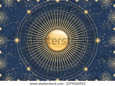 Hand drawn card of 3d golden Sun, sunburst, light rays, stars. Constellation celestial space. Zodiac horoscope symbol, star astrology, astrology sign, icon. Magic space galaxy, vector illustration