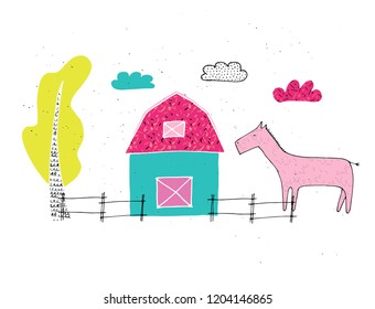 Hand drawn card about farm. Life on the farm. 