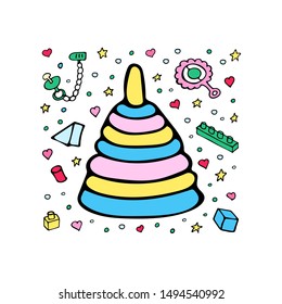Hand drawn card 'baby's toys', pyramid. Vector illustration. EPS 10