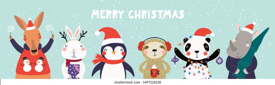 Hand drawn card, banner with cute animals in Santa Claus hats, sparklers, tree, gifts, ornaments, text Merry Christmas. Vector illustration. Scandinavian style flat design. Concept kids print, invite.