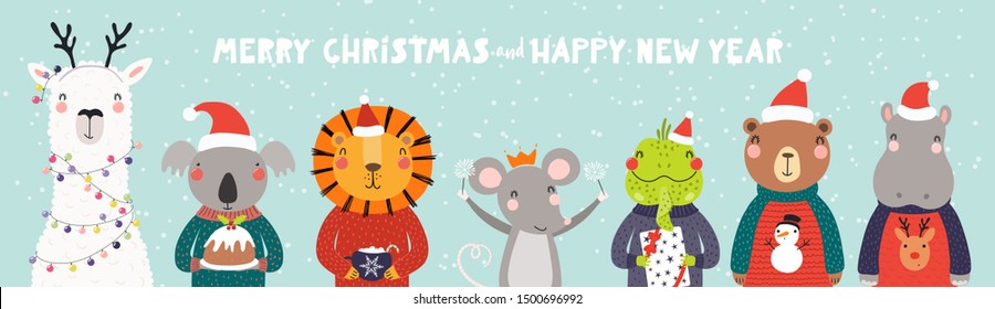 Hand drawn card, banner with cute animals in Santa Claus hats, sweaters, sparkler, pudding, gift, text Merry Christmas. Vector illustration. Scandinavian style flat design. Concept kids print, invite.