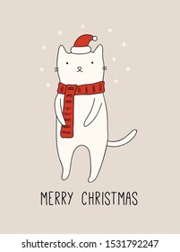 Hand drawn card, banner with cute cat in Santa Claus hat, muffler, snowflakes, text Merry Christmas. Vector illustration. Line drawing. Isolated objects. Design concept for holiday print, invite.