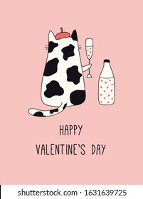 Hand drawn card, banner with cute cat in beret drinking milk, hearts, text Happy Valentines day. Vector illustration. Line drawing. Isolated objects. Design concept for holiday print, invite, gift tag