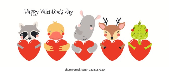 Hand drawn card, banner with cute animals, hearts, text Happy Valentines day. Vector illustration. Isolated on white . Scandinavian style flat design. Concept for kids holiday print, invite, gift tag.