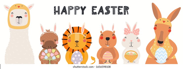 Hand drawn card, banner with cute animals, eggs, text Happy Easter. Vector illustration. Isolated on white background. Scandinavian style flat design. Concept for kids holiday print, invite, gift tag.