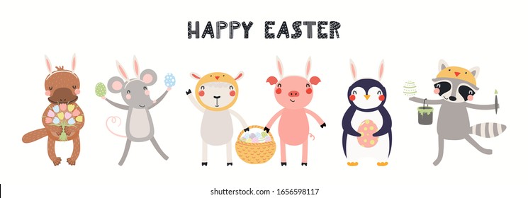 Hand drawn card, banner with cute animals, eggs, text Happy Easter. Vector illustration. Isolated on white background. Scandinavian style flat design. Concept for kids holiday print, invite, gift tag.