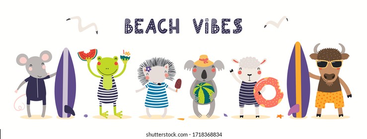 Hand drawn card, banner with cute animals in summer, text Beach Vibes. Vector illustration. Isolated on white. Scandinavian style flat design. Concept for kids holidays print, invite, poster.