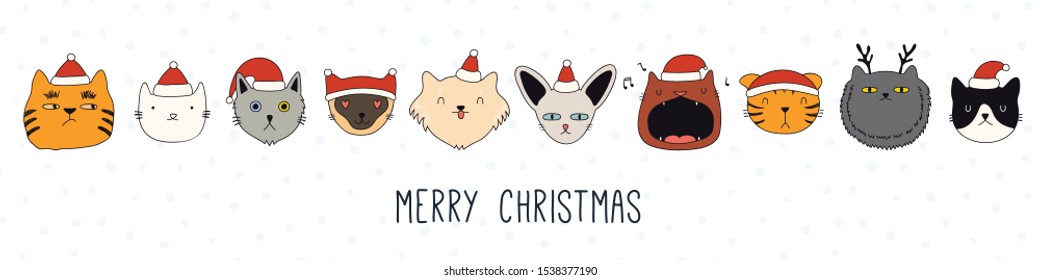 Hand drawn card, banner with different cute cats faces in Santa Claus hats, text Merry Christmas. Vector illustration. Line drawing. Isolated objects. Design concept for holiday print, invite.