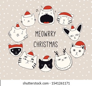 Hand drawn card, banner with different cute cats faces in Santa Claus hats, text Meowrry Christmas. Vector illustration. Line drawing. Isolated objects. Design concept for holiday print, invite.