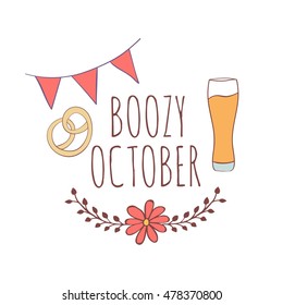 Hand drawn card with beer mug and pretzels with floral frame and flags isolated on white background. October. Boozy october.