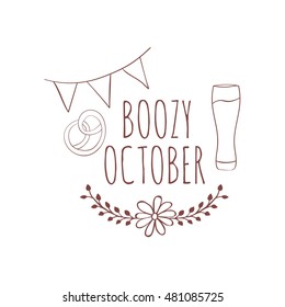 Hand drawn card with beer mug and pretzels with floral frame and flags isolated on white background. October. Boozy october.