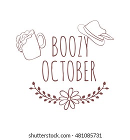 Hand drawn card with beer mug and traditional bavarian hat with floral frame isolated on white background. October. Boozy october.