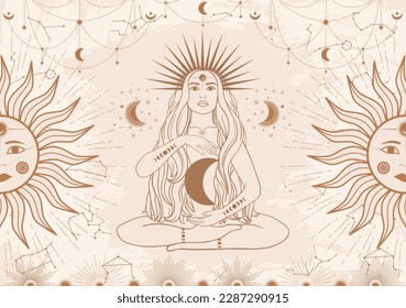 Hand drawn card of beige mystical woman with Sun, Moon, star in line art. Constellation celestial space. Spiritual abstract symbol, esoteric talisman. Magic space galaxy, vector sketch illustration