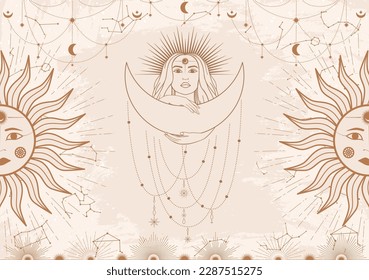 Hand drawn card of beige mystical woman with Sun, Moon, star in line art. Constellation celestial space. Spiritual abstract symbol, esoteric talisman. Magic space galaxy, vector sketch illustration