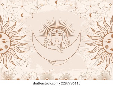 Hand drawn card of beige mystical woman with Sun, Moon, star in line art. Constellation celestial space. Spiritual abstract symbol, esoteric talisman. Magic space galaxy, vector sketch illustration