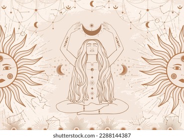 Hand drawn card of beige mystical woman with Sun, Moon, star in line art. Constellation celestial space. Spiritual abstract symbol, esoteric talisman. Magic space galaxy, vector sketch illustration