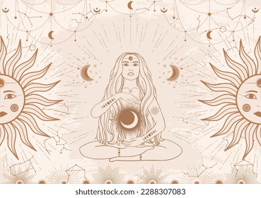 Vector set of gold mystical magic symbols. Spiritual occultism hand drawn  line objects with sun, moon, stars, eyes, sunburst, tribal. Stock Vector