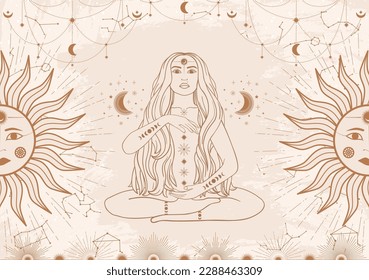 Hand drawn card of beige mystical woman with Sun, Moon, star in line art. Constellation celestial space. Spiritual abstract symbol, esoteric talisman. Magic space galaxy, vector sketch illustration