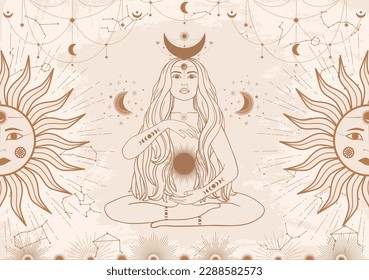 Hand drawn card of beige mystical woman with Sun, Moon, star in line art. Constellation celestial space. Spiritual abstract symbol, esoteric talisman. Magic space galaxy, vector sketch illustration