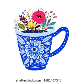 Hand drawn card with blue cup of tea. Isolated blue cup of tea on white background with flowers bouquet. Print for t-shirt design.