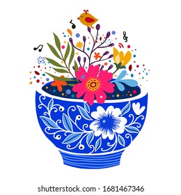 Hand drawn card with blue cup of tea. Isolated blue cup of tea on white background with flowers bouquet. Print for t-shirt design.