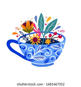 Hand drawn card with blue cup of tea. Isolated blue cup of tea on white background with flowers bouquet. Print for t-shirt design.