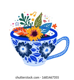 Hand drawn card with blue cup of tea. Isolated blue cup of tea on white background with flowers bouquet. Print for t-shirt design.