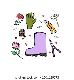 Hand drawn card 'boots, garden tools'. Vector illustration. EPS 10