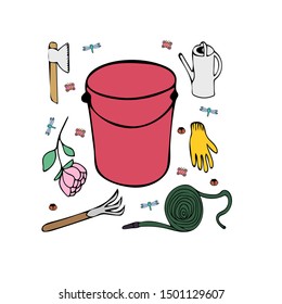 Hand drawn card 'bucket, garden tools'. Vector illustration. EPS 10