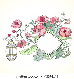 Hand drawn card can be used as invitation card for wedding, birthday and other holiday background. Vintage elegant wedding invitation with summer flowers. Black and white vector illustration.