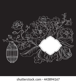 Hand drawn card can be used as invitation card for wedding, birthday and other holiday background. Vintage elegant wedding invitation with summer flowers. Black and white vector illustration.
