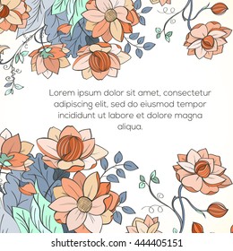 Hand drawn card can be used as invitation card for wedding, birthday and other holiday background. Vintage elegant wedding invitation with summer flowers.