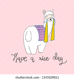 Hand drawn card with cartoon cute llama.