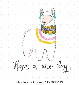 Hand drawn card with cartoon cute llama.