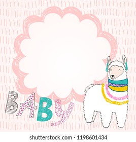 Hand drawn card with cartoon cute llama.