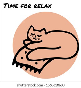 Hand drawn card. The cat that lies on the plaid. Text Time for relax