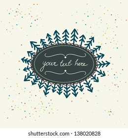 Hand drawn card with childish doodle trees and frame for the text in the middle. Vector illustration.