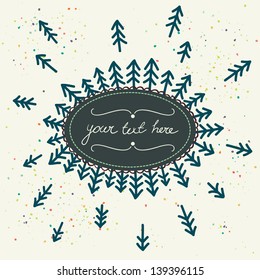 Hand drawn card with childish doodle trees and frame for the text in the middle. Vector illustration.